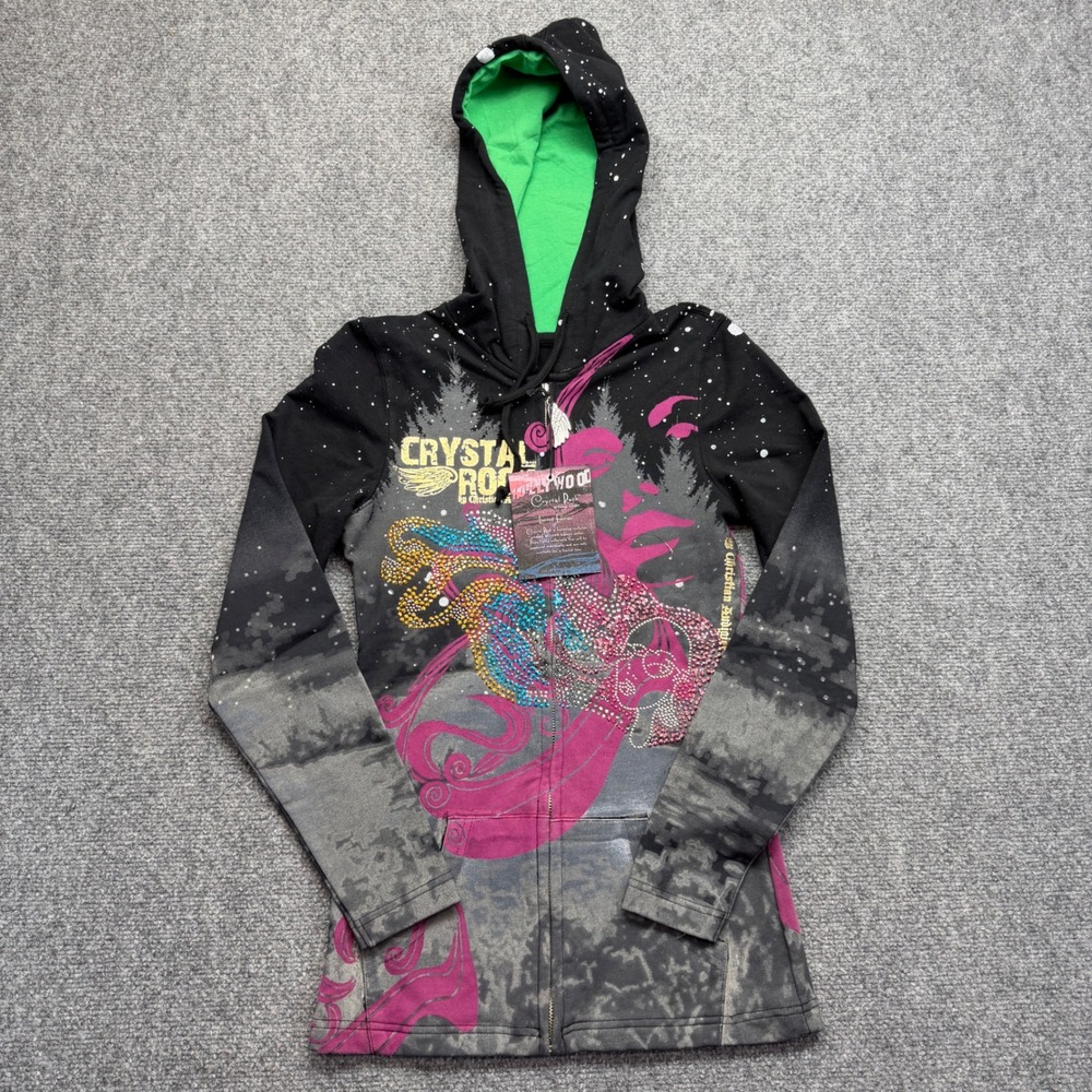 Crystal Rock Christian Audigier Rhinestone Zip Hoodie Womens XS Black Pink Y2K